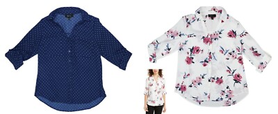 BCX Printed Button Front Lightweight Chest Pocket Juniors Top NWT