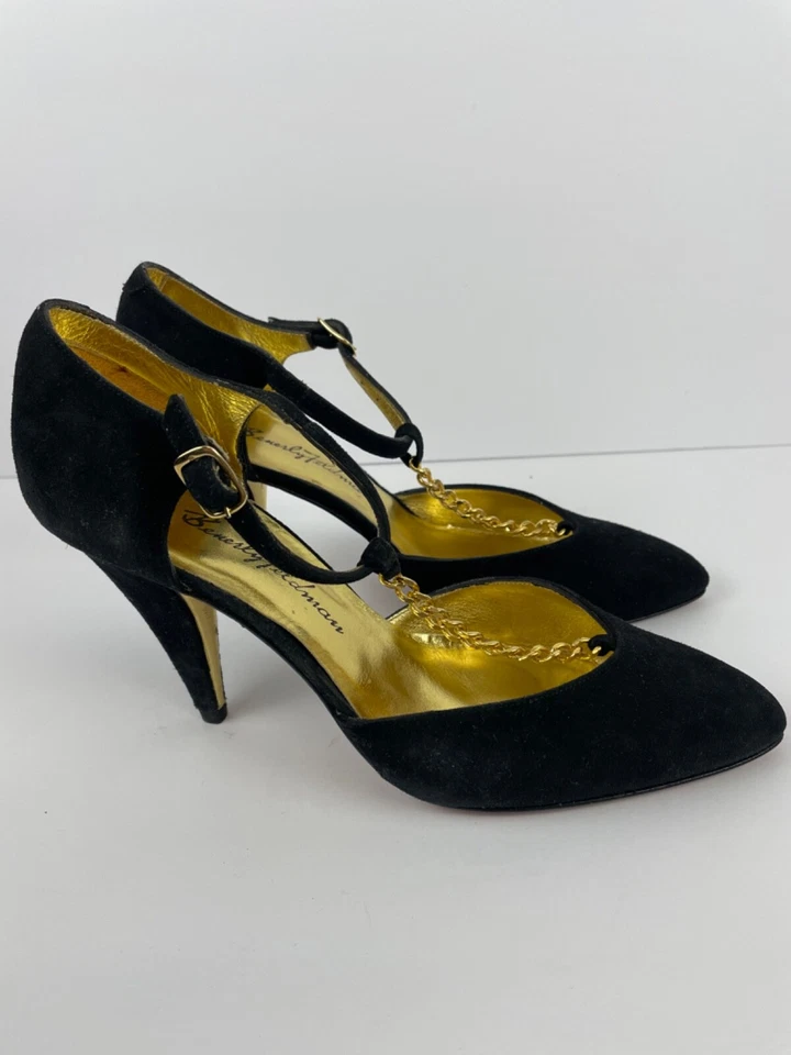 Tacones Beverly Feldman vintage años 80 cuero gamuza negro cadena dorada Foto 2 de 4