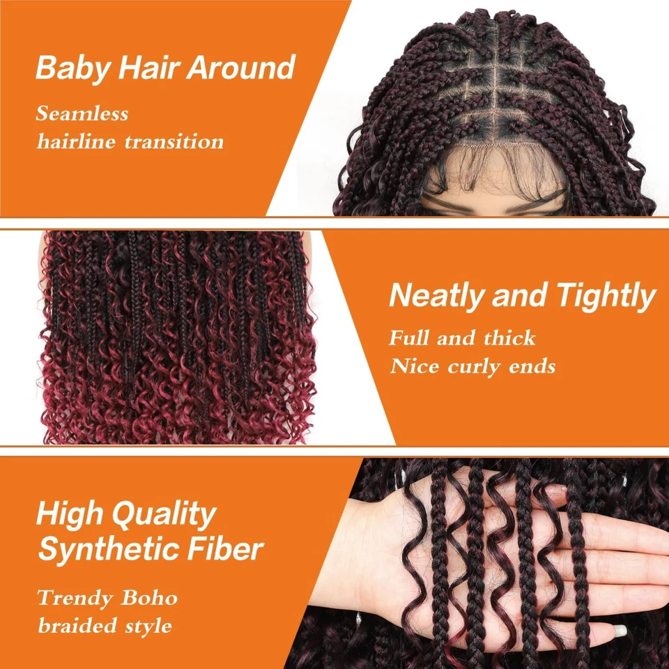 Peluca trenzada boho de encaje completo sintético negro trenzado caja rizada de 20" Foto 3 de 4