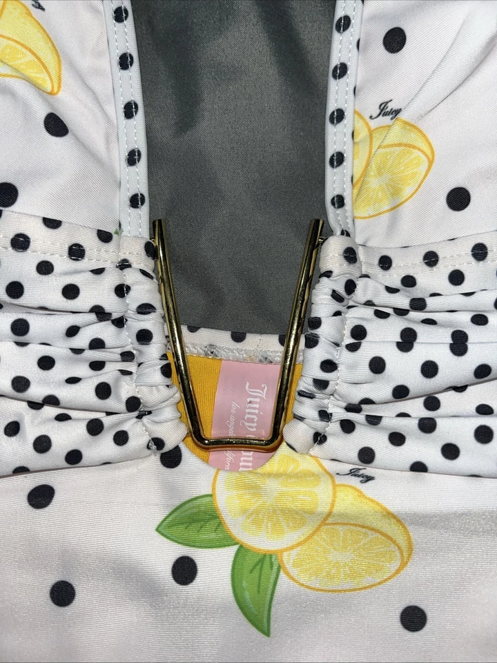Juicy Couture One Piece Swimsuit Halter Deep V-Neck White Yellow Lemons M New - Image 4 of 4