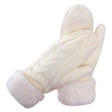 Hoyuwak Women's White Knit Gloves - Warm Thick Fuzzy Mittens for Cold Weather 
