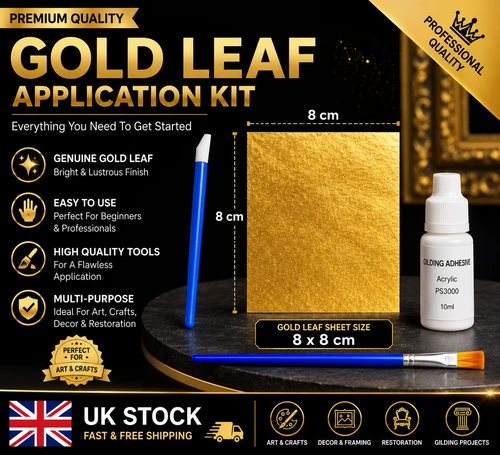 Gold Leaf Kit - 50 Gold Sheets Brushes Adhesive Art Gilding Kit