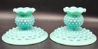 Pair of Vintage Fenton Turquoise Teal Milk Glass Hobnail Candlestick Holders