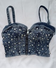 GUESS Blue Denim Pearl Studded Zip-Front Corset Bustier Top Womens S B