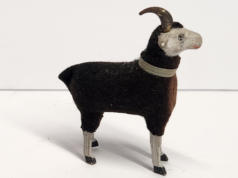 Old Black German Wooly Sheep / Ram For Christmas Putz Village