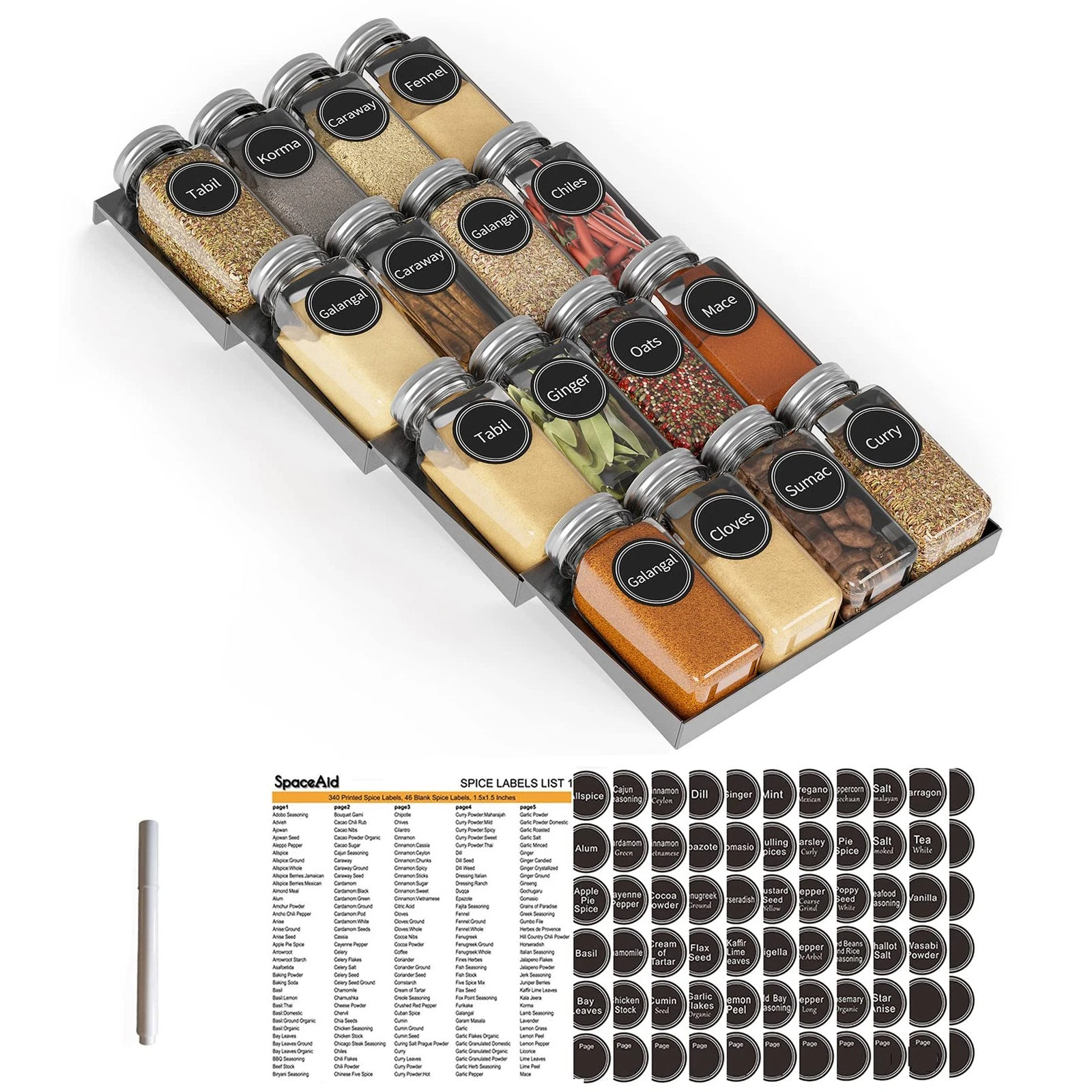Spice Drawer Organizer with 16 Spice Jars, 386 Spice Labels, 4 Tier Seasoning...