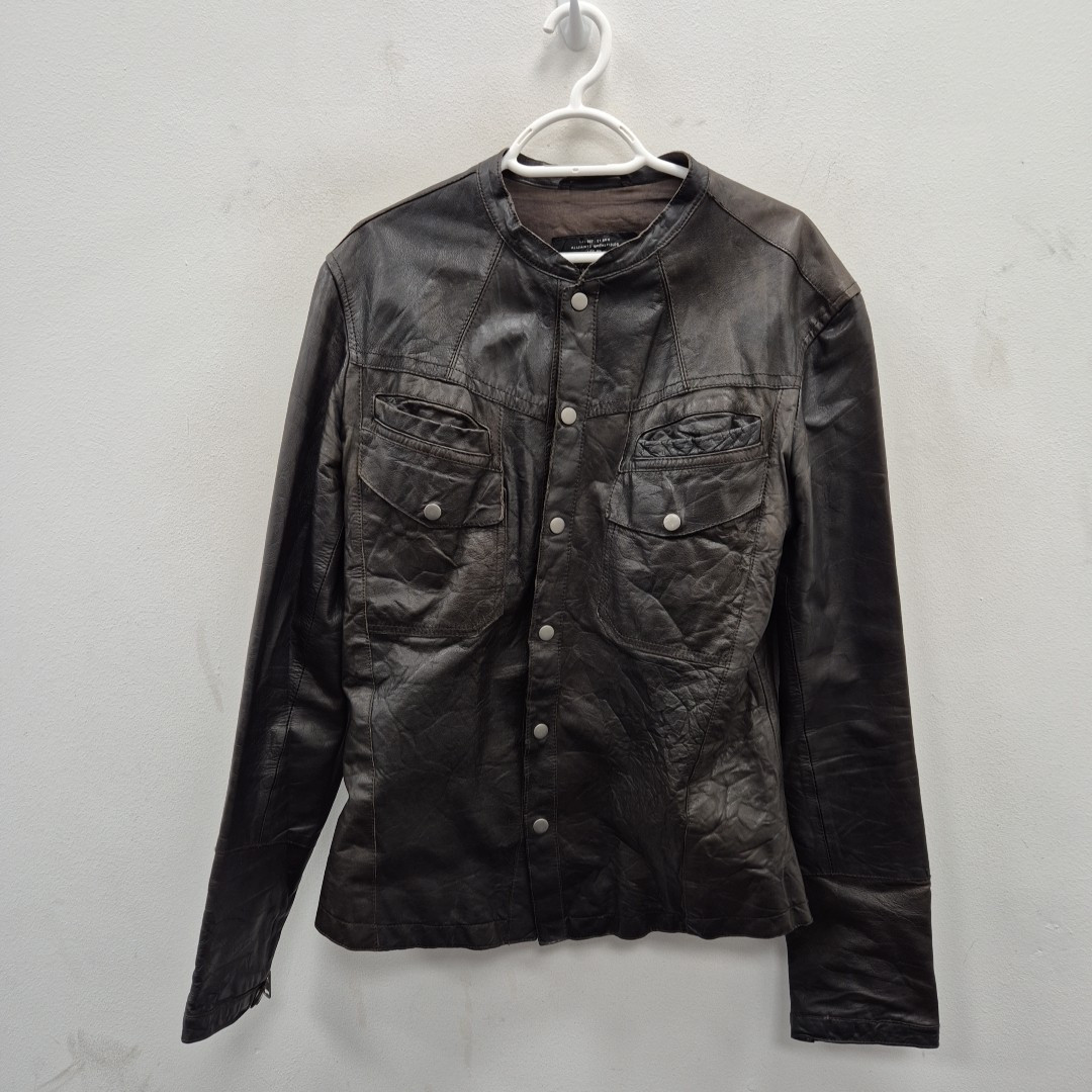 Allsaints Jack Place Monster Brown Leather Bomber Button Up Jacket Size Medium