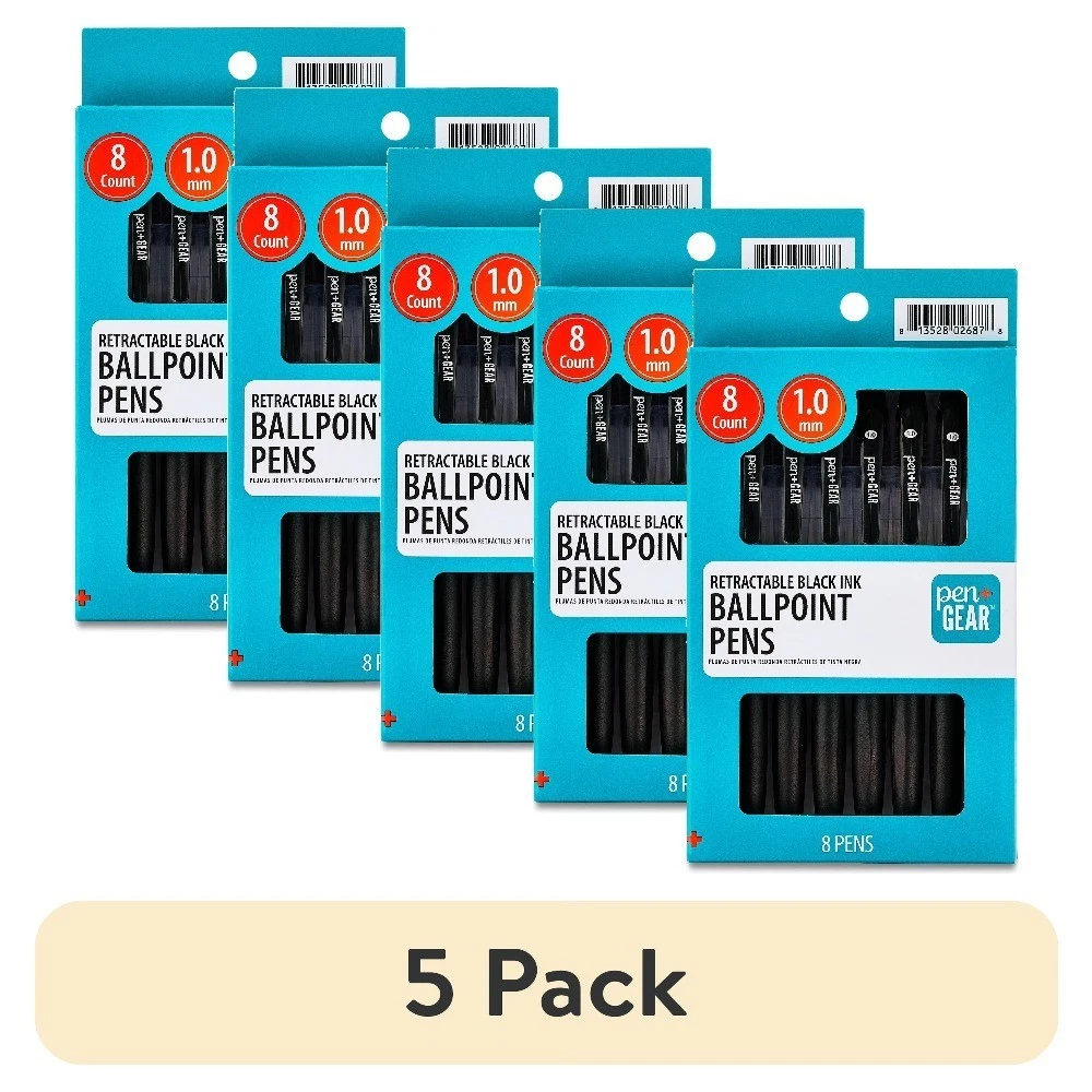 Retractable Ballpoint Pens Medium Point 1.0mm Black Ink 8 Count Pack of 5