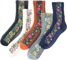 5 Pairs Women'S Floral Design Vintage Crew Socks Ethnic Jacquard Knit Set, Red,