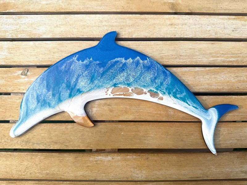 Ocean Resin Dolphin Wall Art Handmade Coastal Beach Decor Wood 13” x 5”