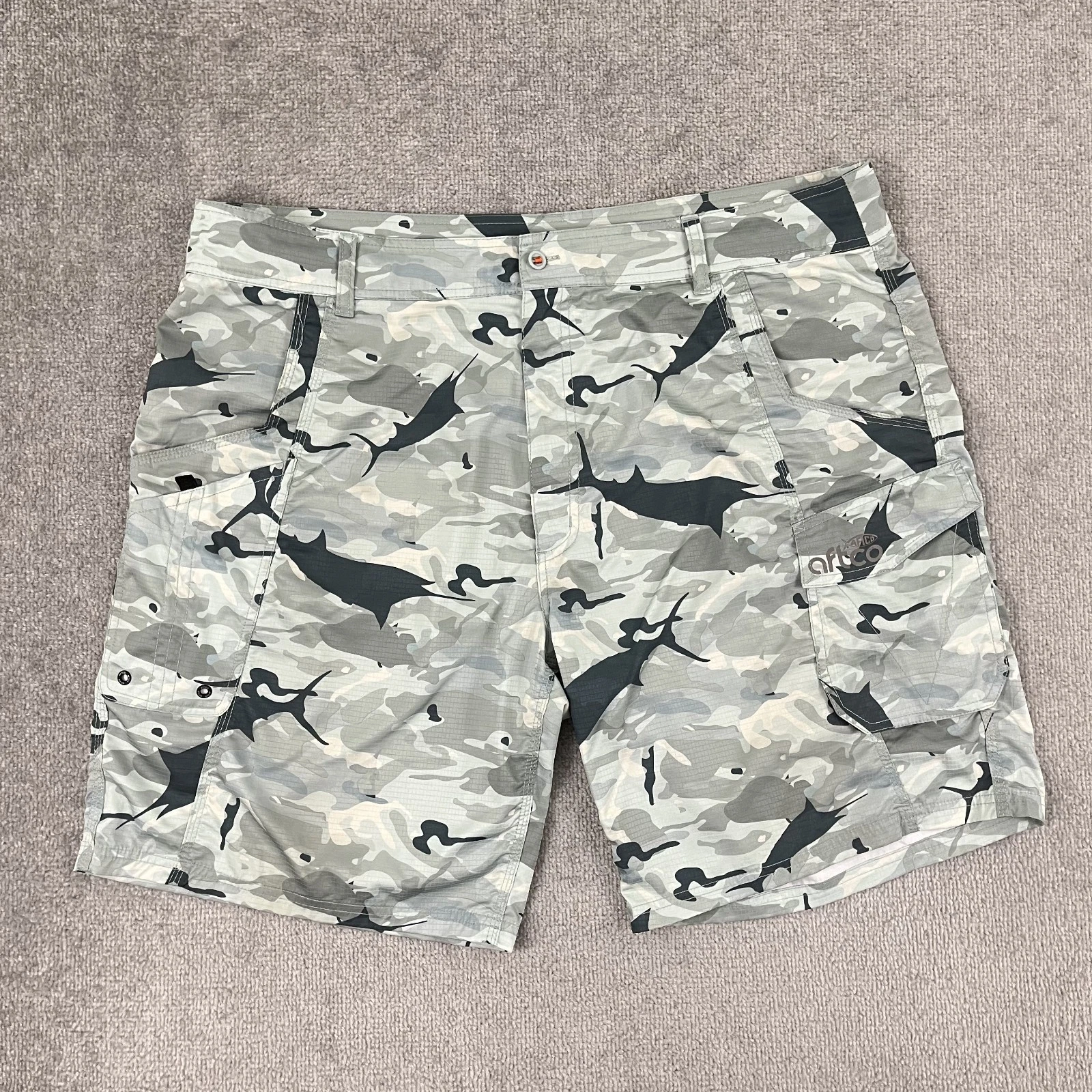 AFTCO Fishing Cargo Shorts Mens 42 / 9.5" Grey Camouflage Tactical Outdoor