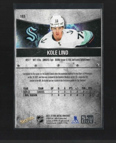 Kole Lind RC 2021-22 Skybox Metal Universe #193 Spectrum Seattle Kraken - Picture 2 of 4
