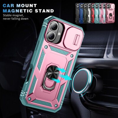 For iPhone 15 16 Pro Max 14 13 12 11 XS Ring Holder Stand Case Slide Lens Cover