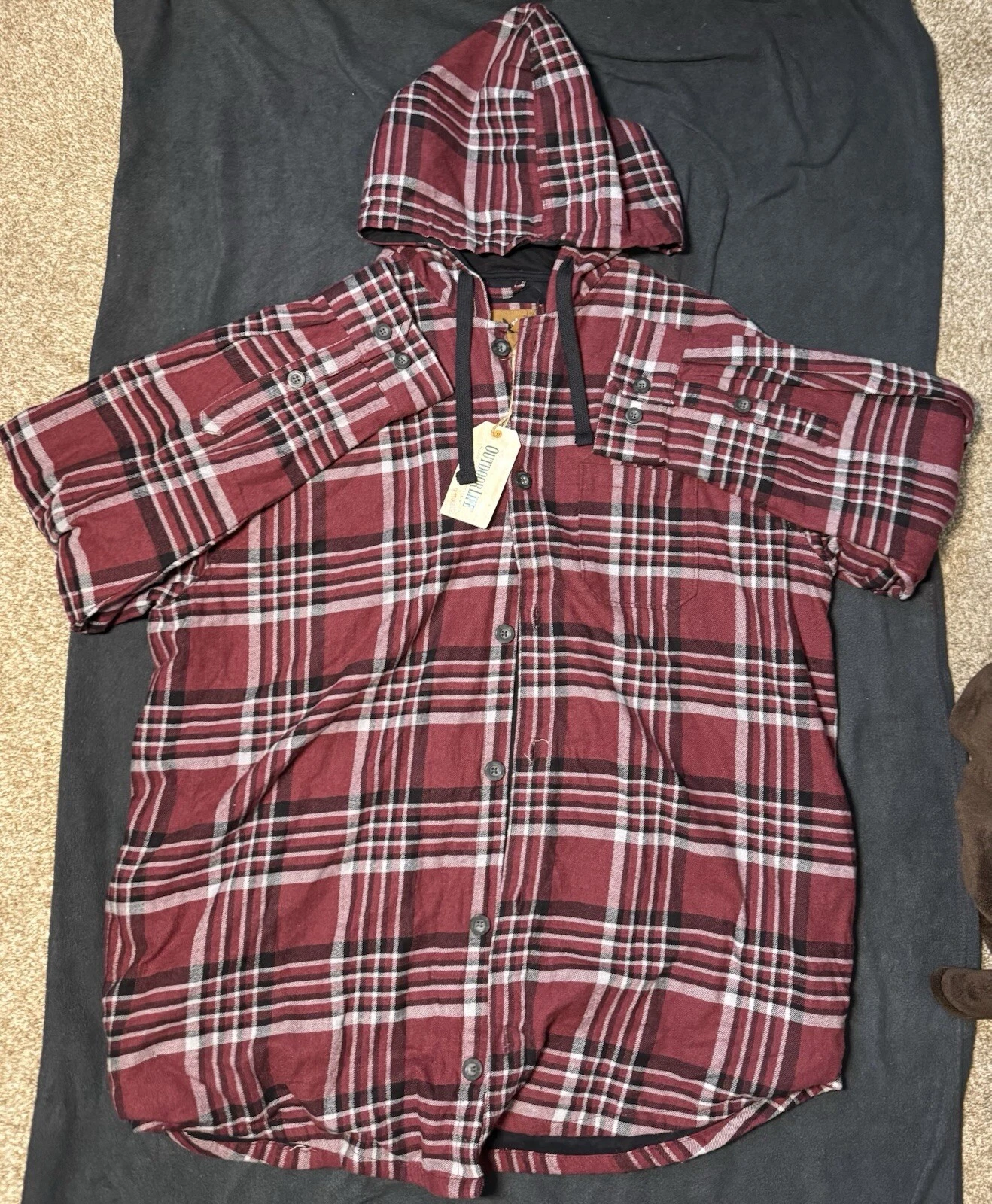 Outdoor Life Flannel Button Down Shirt Hooded Mens Sz L Large Red/White NWT