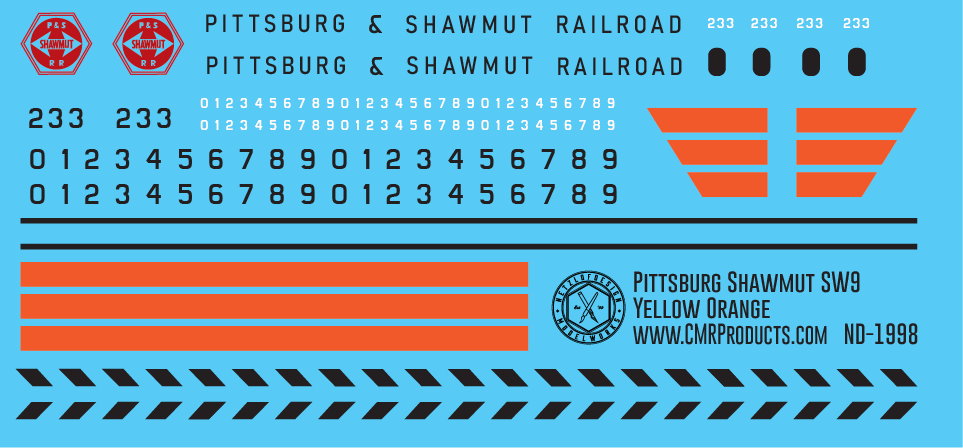 N Scale - Pittsburg Shawmut Orange Yellow SW9 Locomotive Decals