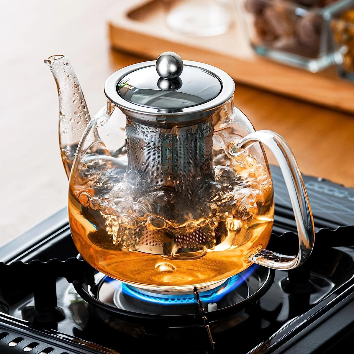 Glass Teapot Stovetop 34 OZ Borosilicate Clear Tea Kettle & Removable to  Travel