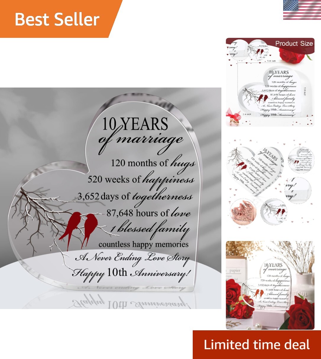 10th Anniversary Wedding Heart Keepsake Decoration Gift for Couples
