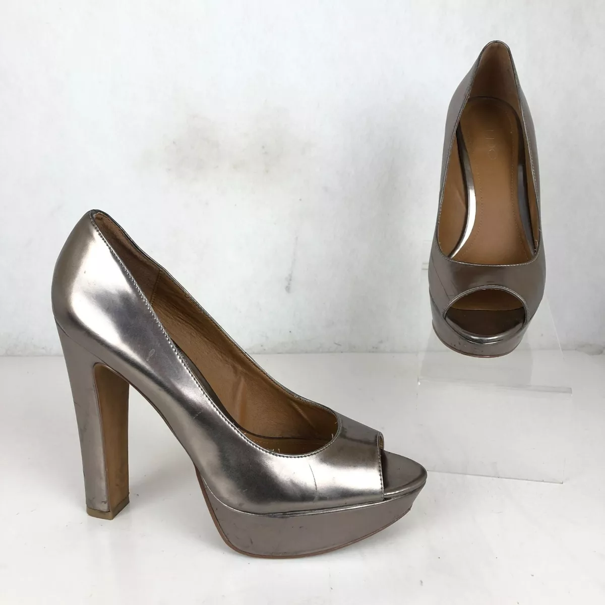 Pewter peep shop toe heels