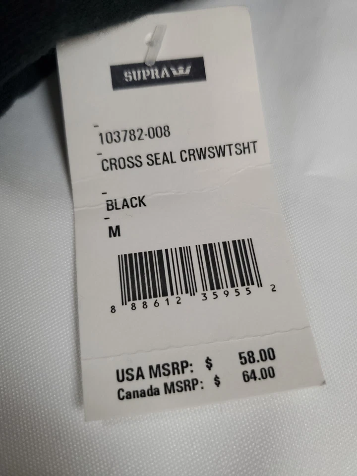 SUPRA StreetWear длинным рукавом толстовка крест печать CrewBlack Sz. M новый - Изображение 4 из 4