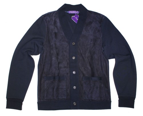 Ralph Lauren Purple Label Mens Navy Suede Leather Cardigan Button Sweater Jacket - Picture 1 of 7