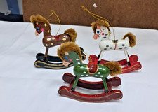Set of 3 Vintage Wooden Rocking Horse 3.5" Christmas Ornaments Taiwan
