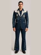 Men's Blue green 2-Piece Suit Floral Embroidered Western Wedding Prom Slim