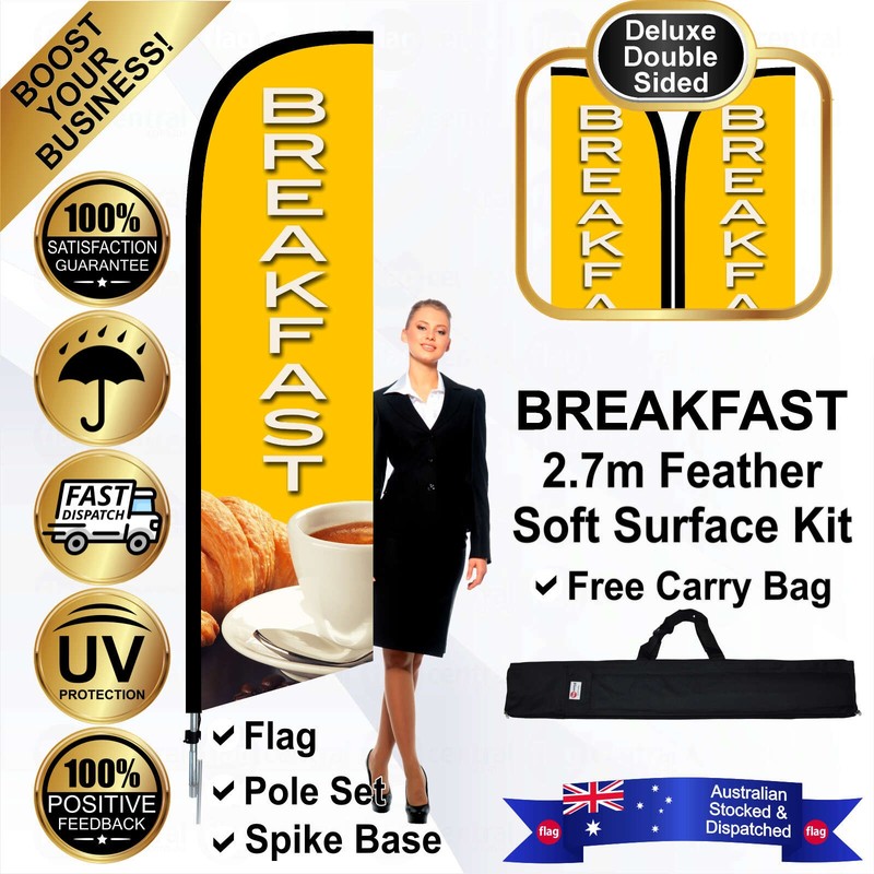 K - BREAKFAST Deluxe Double-Sided Yellow 2.7m Feather Flag / Banner Kit with Pole Set, Galvanised Steel Ground Spike and a Free Carry Bag - 1