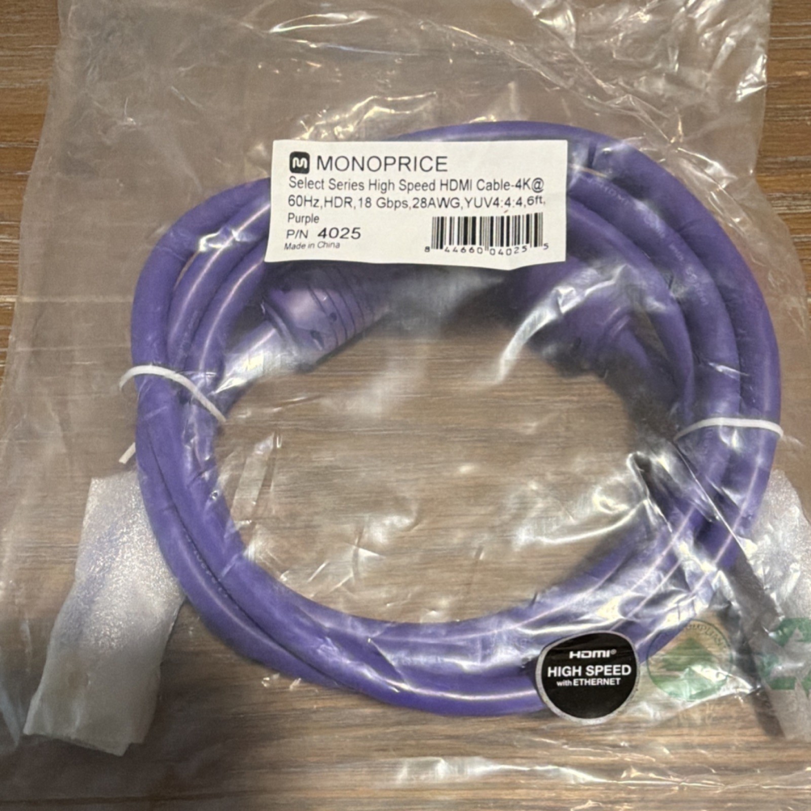 Monoprice Select Series High Speed HDMI Cable 4K 60Hz HDR 18Gbps 6ft Purple