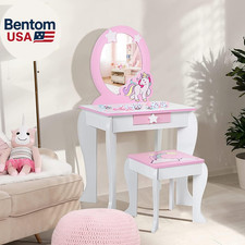 Unicorn Kids Vanity, Toddler Makeup Table with Mirror and Stool, Wooden Pretend 