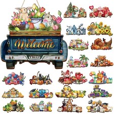 21 Pcs Interchangeable Seasonal Welcome Sign Front Door Decoration Wood Truck...