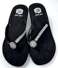 YELLOW BOX ROSEMARY WOMENS US 8 BLACK WEDGE THONG SANDALS WITH RHINESTONES