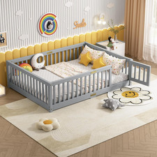 Grey Floor Bed with Safety Guardrails and Door for Kids - Easy Assembly