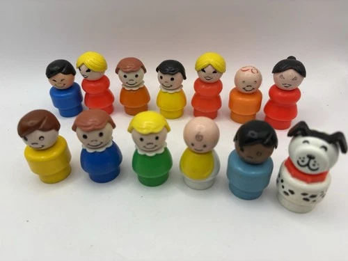 Vintage Fisher Price Little People Lot 13 Figures Asian, dog, african american