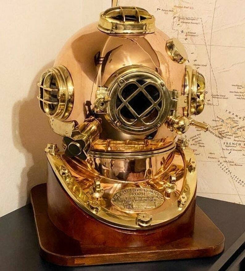 Mark V US Navy Full Size Copper and Brass Diving Helmet with Wooden Base design