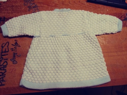 VINTAGE BAR KAY BABY SWEATER LIGHT BLUE & WHITE POPCORN PATTERN 24 MONTHS - Picture 7 of 8