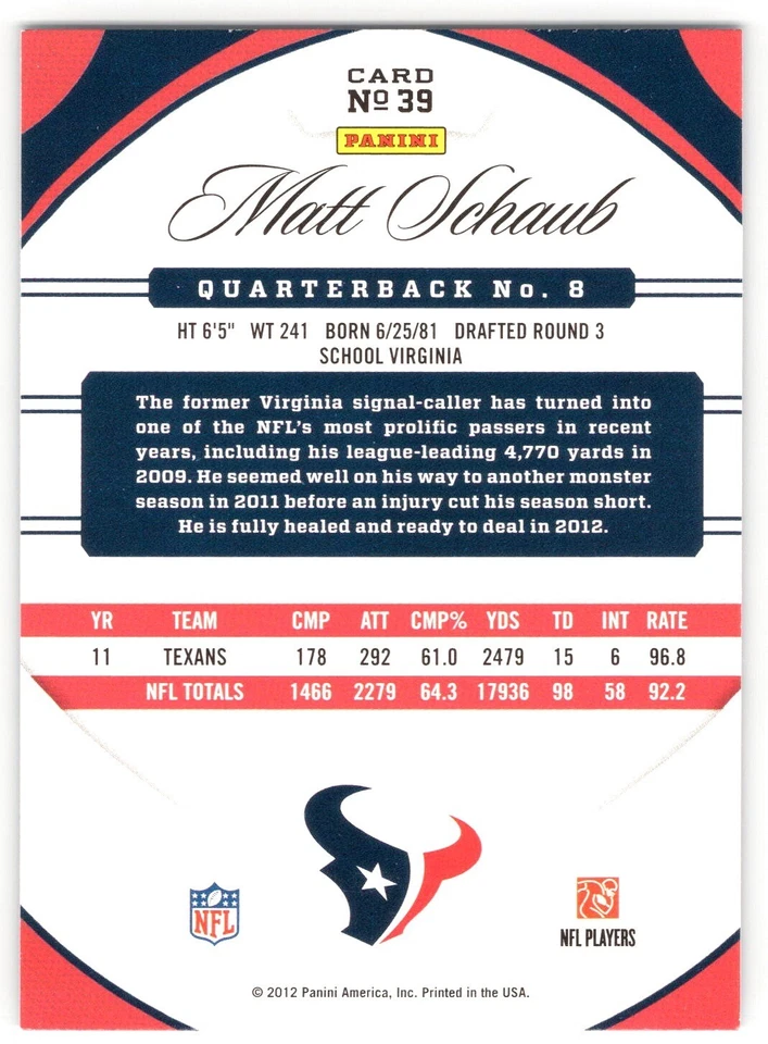 2012 Panini Certified 39 Matt Schaub Houston Texans Football Card - Image 2 of 3