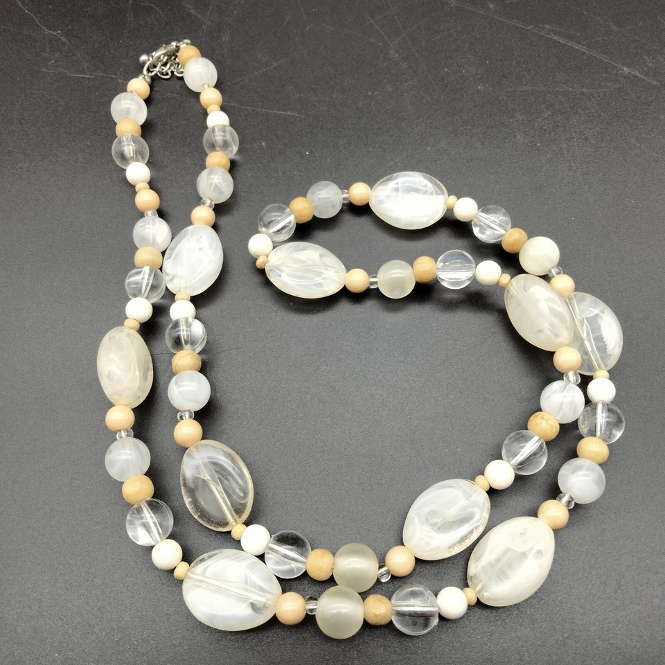 White Acrylic Beaded Chunky Funky Statement 32" Necklace VTG Estate