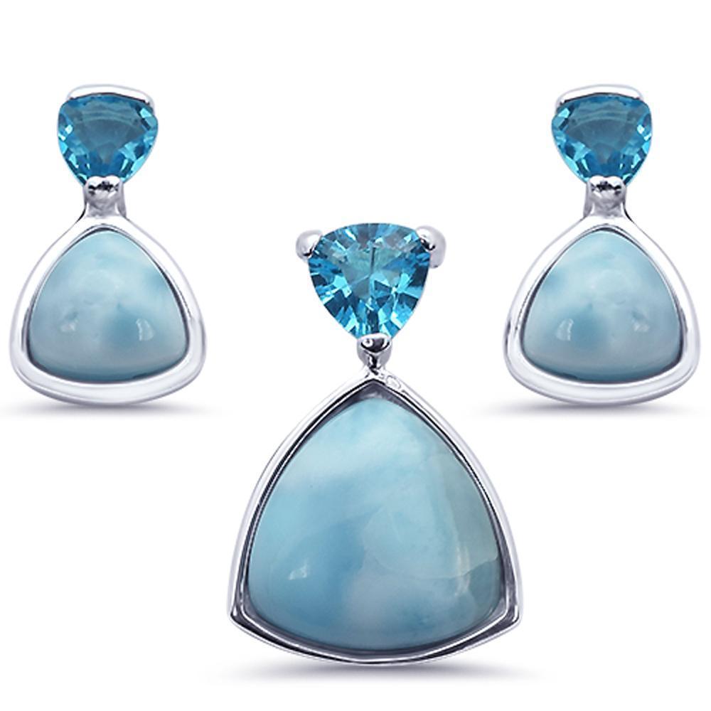 Set Di Gioielli In Argento Sterling 925 Con Ciondolo E Orecchini A Forma Di Trilione - Larimar Naturale E Zirconi