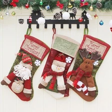 18" Xmas Stocking Deer Santa Snowman Burlap Plaid Christmas Decoration for Kids