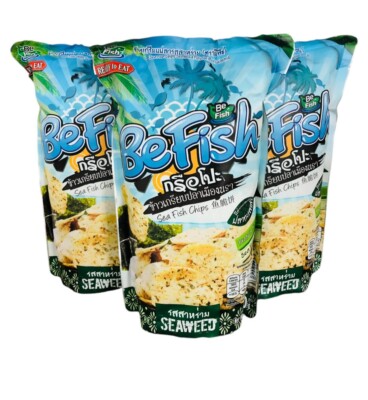 Thai Snacks,Sea Fish Chips,Fried Crisps Fish Crackers,Seaweed Flavour 70g.x3 pcs