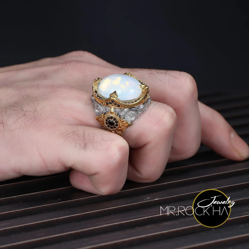 Moonstone,Gold Rhodium Plated,Handmade Engraving,925 Sterling Silver Men's Ring - Image 4 of 4