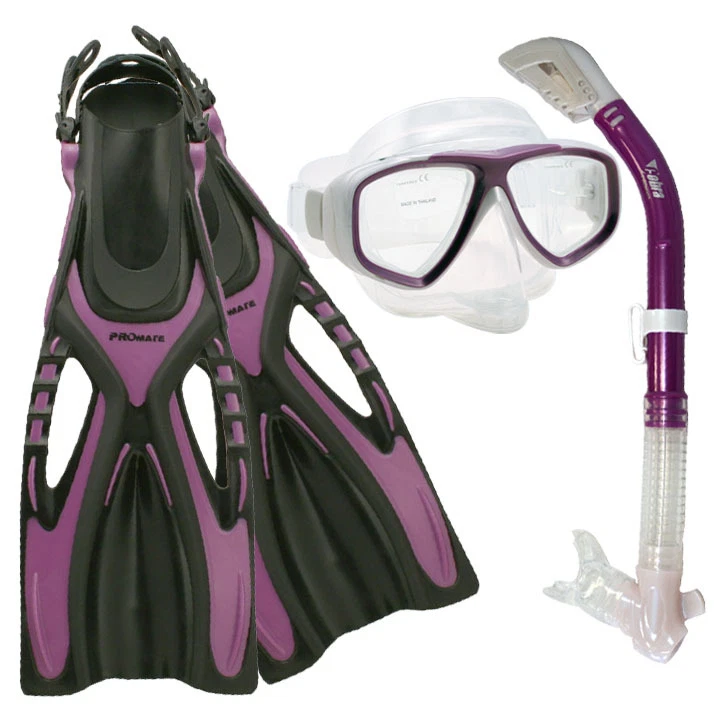 PROMATE Dive Snorkeling Purge Mask Dry Snorkel Fins Flippers Gear Combo Set