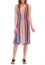 New Directions Women's Tassel Hem Stripe Sleeveless V-neck Casual Dress Size S