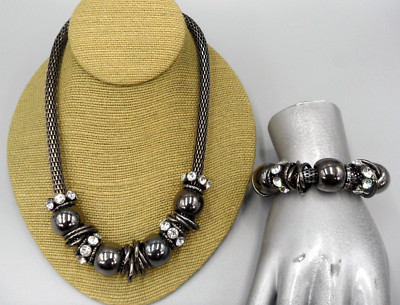 Cg Jewelry Set Beaded Bib Necklace Bracelet Hematite Rhinestone Gunmetal  Mesh