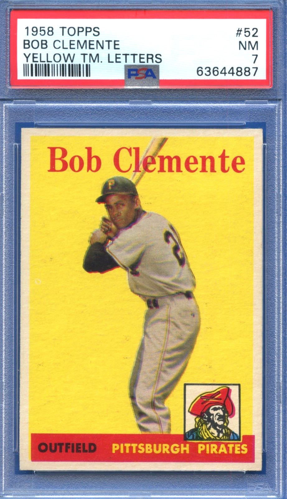 1958 Topps YL #52 Roberto "Bob" Clemente Pitts. Pirates HOF Great - PSA 7, Sharp