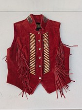Diamond Leathers Native American Style Vest Western Wear Fringed Sz 8 Red Color