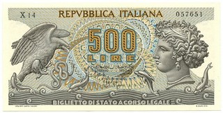 500 LIRE BIGLIETTO DI STATO ARETUSA 20/10/1967 SUP