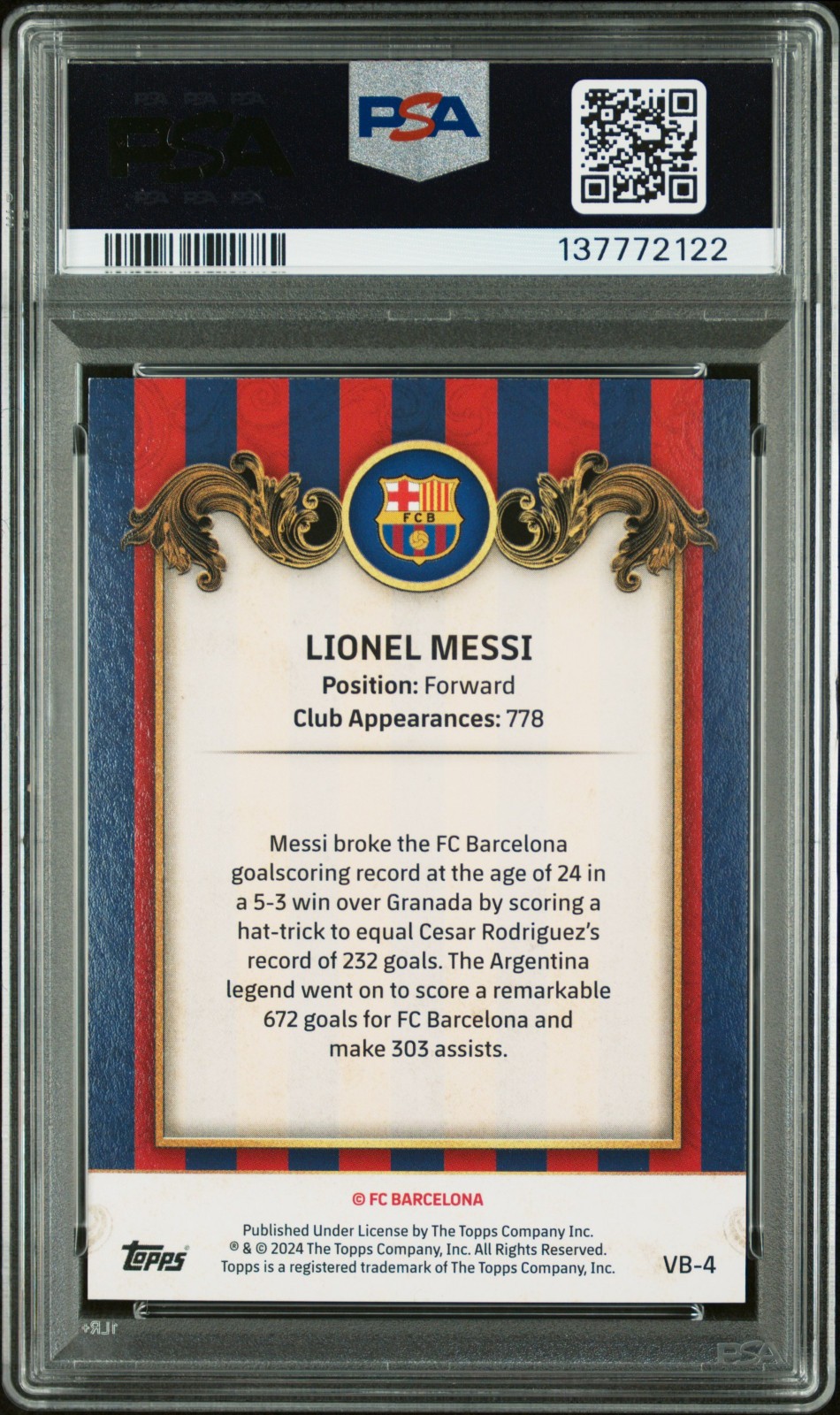 2023-24 Topps FCB Team Set Lionel Messi #VB4 123/250 PSA AUTHENTIC Auto 10 view 2