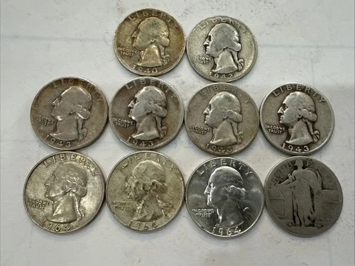 Lot of 10 Vintage 90% Silver Quarters - Washington & Standing Liberty