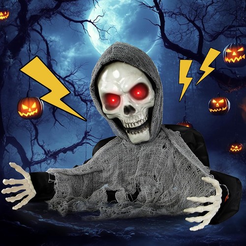 Halloween Animatronics Decoration Scary Skeleton Ghost Light-Up Eyes ...